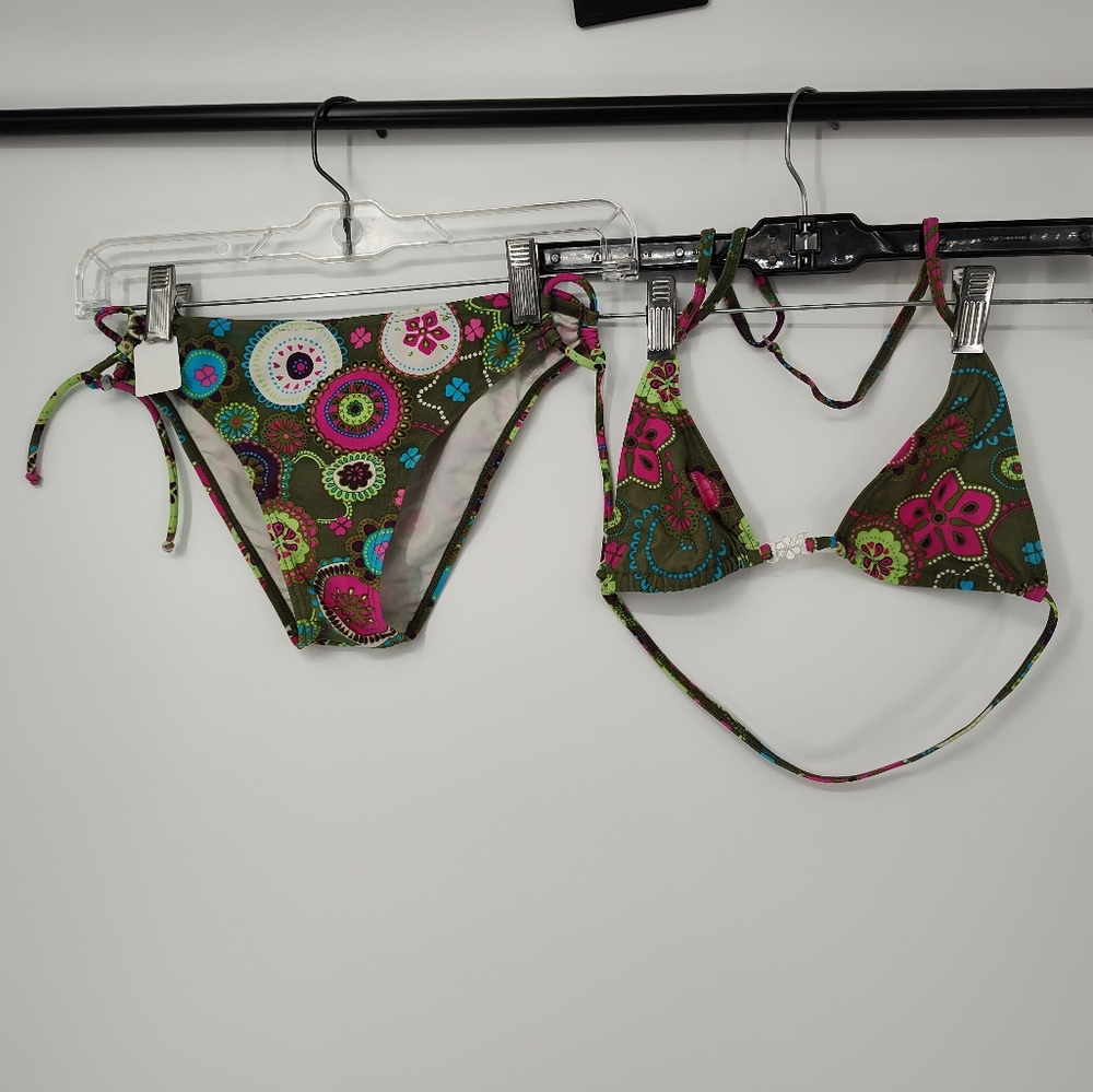 Floral Bikini Set in Olive Green and Pink About A Women's XSmall/Small
